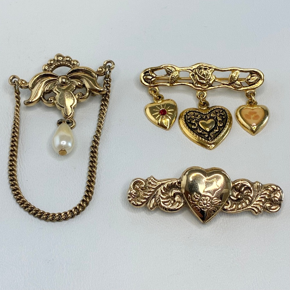 Vintage Brooch Lot Gold Tone Heart Locket Dangle Charms Faux Pearl Pin Set of 3